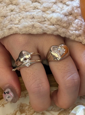 S925纯银叠戴金属爱心戒指女小众