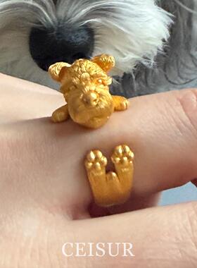 S925纯银金色西高地小狗戒指小众