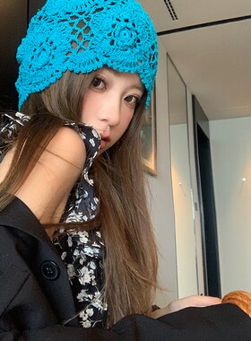 粥可可手工编织蓝色镂空堆堆帽女春秋复古民族风甜美针织包头帽