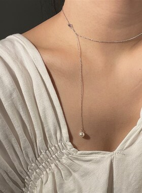 天然淡水珍珠y字项链通体925银可调节正圆镜面时尚简约气质锁骨链