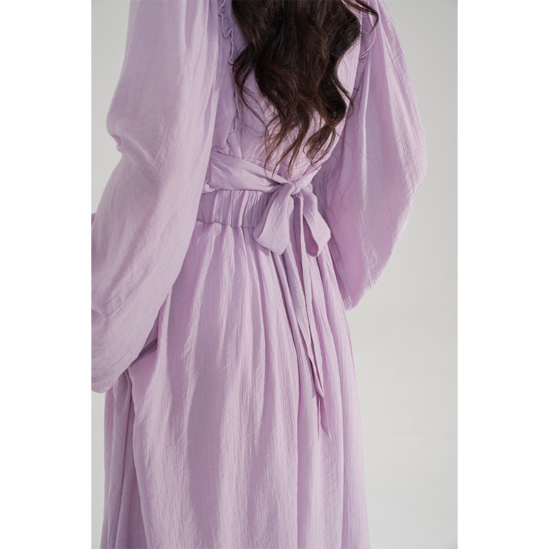 V领长袖灯笼袖绑带上衣收腰半身裙长裙两件套夏季紫色雪纺套装女,淘宝优惠券,粉丝福利购,淘宝优惠卷