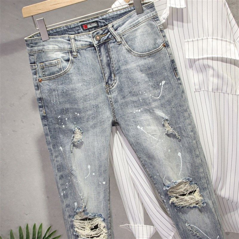 浅色破洞牛仔裤男九分漆点帅气拉链潮牌弹力夏季薄款修身小脚9分,淘宝优惠券,粉丝福利购,淘宝优惠卷