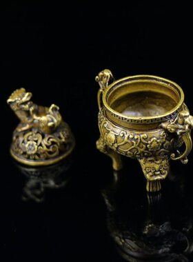 纯铜麒麟香炉摆件貔貅盖子镂花铜三足双耳圆鼎炉熏香炉狮子炉摆设