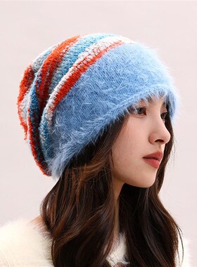 女生羽毛纱毛绒复古针织堆堆帽子女显脸小秋冬防寒保暖毛线冷帽男