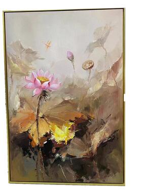 纯手绘印象派新中式油画荷花玄关装饰画走廊过道竖版挂画花卉壁画