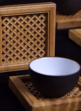 简影中式图案雕刻金丝楠木茶杯垫送客户礼品木杯托木制工艺品