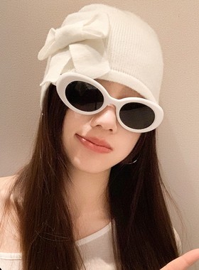 早秋手工花朵纯色毛线帽女百搭针织包头堆堆帽大头围显脸小套头帽