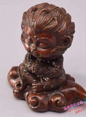 紫铜茶宠小物件 孙悟空至尊宝脚踏七彩祥云香插手把件 茶道摆件