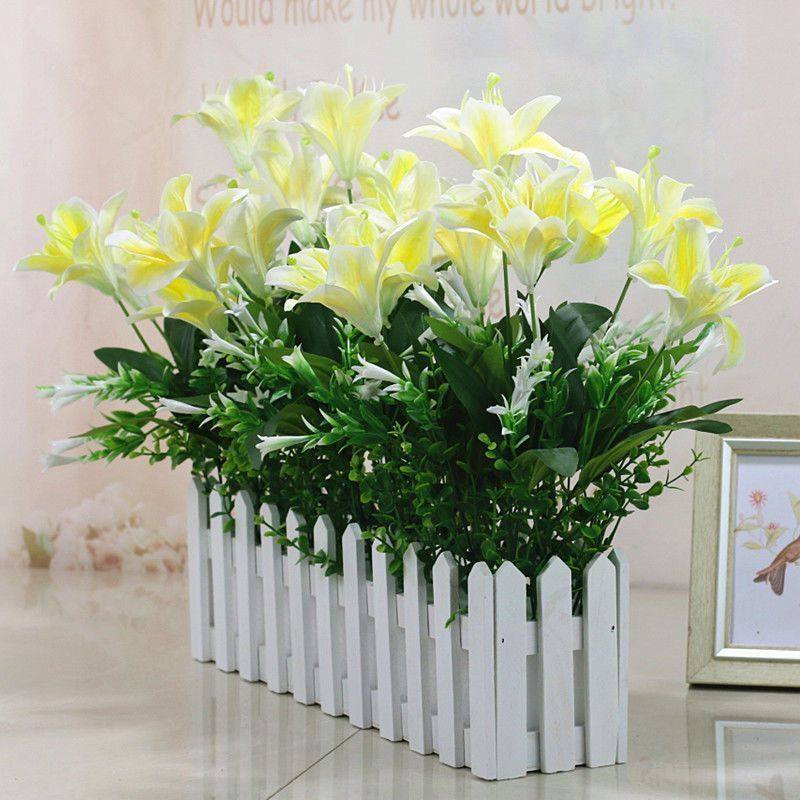 仿真花百合花假花栅栏花绢布桌面墙角遮挡仿真绿植盆栽摆件套装,淘宝优惠券,粉丝福利购,淘宝优惠卷