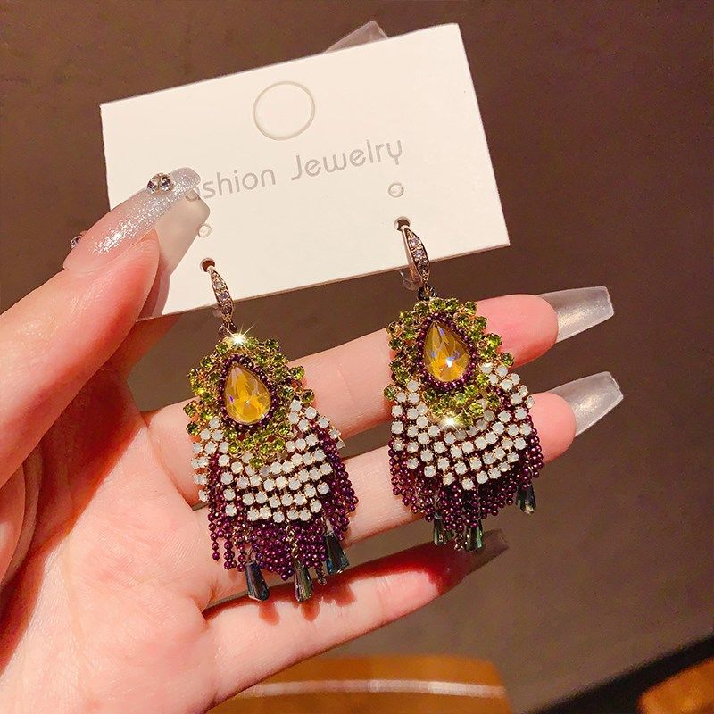 韩国轻奢复古风重工超闪水钻流苏耳坠耳环女时尚气质高级感耳饰品,淘宝优惠券,粉丝福利购,淘宝优惠卷