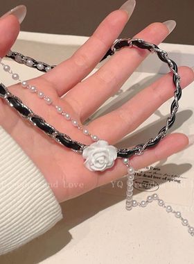 玫瑰花珍珠女choker黑色项圈锁骨链小众设计高级感编织链条配饰潮