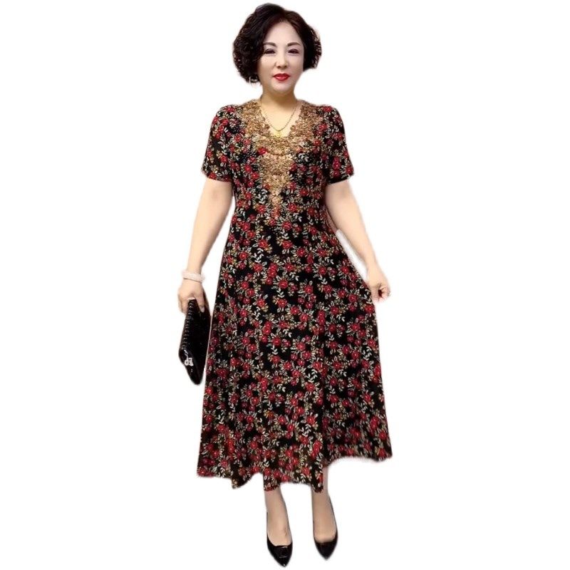 网红妈妈短袖连衣裙夏季新款高弹网纱印花显瘦过膝长裙V领烫钻裙,淘宝优惠券,粉丝福利购,淘宝优惠卷