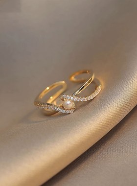独特交叉珍珠戒指女款小众设计高级感食指戒时尚个性气质开口指环
