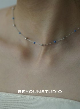 别样 时尚叠戴不规则吊坠蓝色米珠链夏季精致气质百搭锁骨链E505