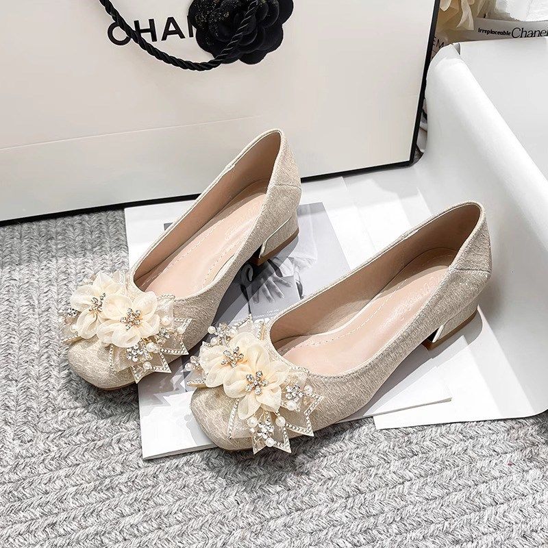 仙女风3cm低跟平底鞋法式方头粗跟高跟鞋女配裙子礼服主婚纱伴娘,淘宝优惠券,粉丝福利购,淘宝优惠卷