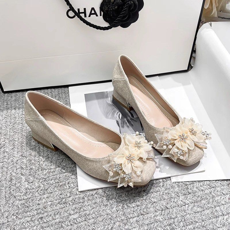 仙女风3cm低跟平底鞋法式方头粗跟高跟鞋女配裙子礼服主婚纱伴娘,淘宝优惠券,粉丝福利购,淘宝优惠卷