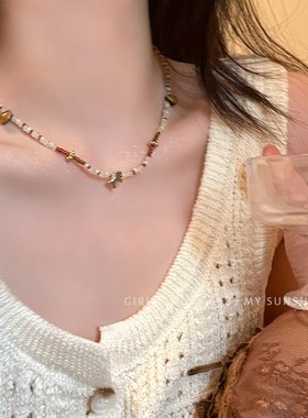 薄荷棕木马串珠项链女夏复古民族风气质脖颈链配饰2024新款锁骨链