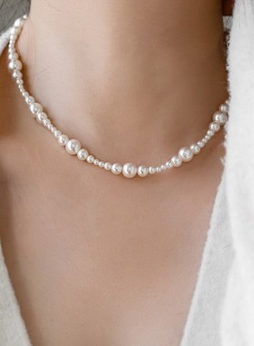 小众设计真多麻灰珍珠间隔串珠潮酷个性复古项链女卫衣配饰礼物