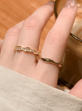 金色锆石戒指女小众设计轻奢几何素圈戒指女时尚个性食指指环开口