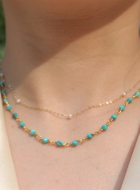 湖北原矿绿松石锁骨链 刻面切面极细颈链手工绕线法式少女风项链