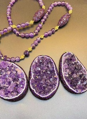 紫色项链紫水晶吊坠流行设计首饰毛衣链长链法式复古风配饰