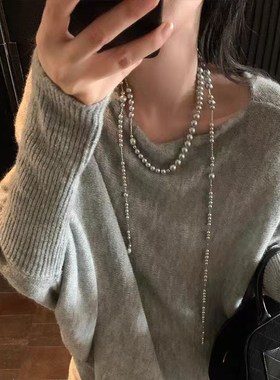 欧阳不规则串珠设计感灰珍珠项链女小众高级感长款毛衣链叠戴颈链