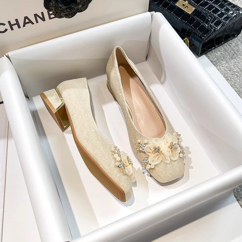 仙女风3cm低跟平底鞋法式方头粗跟高跟鞋女配裙子礼服主婚纱伴娘,淘宝优惠券,粉丝福利购,淘宝优惠卷