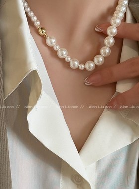 设计感磁铁扣大h小珍珠项链女款轻奢小众高级感配饰复古串珠锁骨