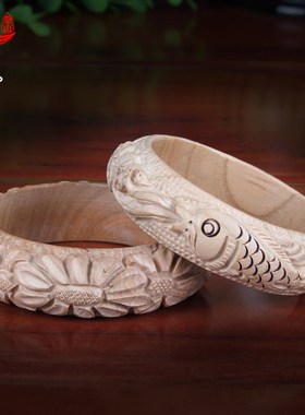 肥城桃木手镯女款手环手工雕刻木质雕花手镯女Q饰品情侣镯子民族