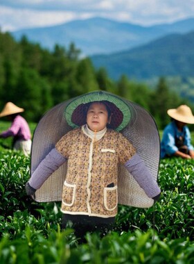 迷彩采茶斗笠帽防雨防晒遮阳披风一体防晒尖顶帽套隔热农村干农活
