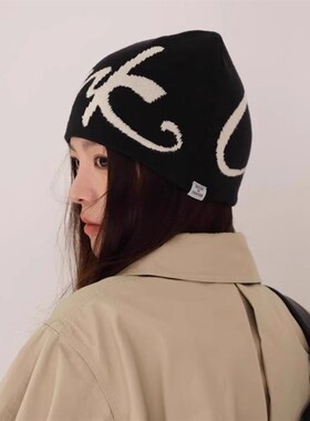 美式街头字母提花针织帽子女秋冬保暖护耳套头帽男显脸小包头冷帽