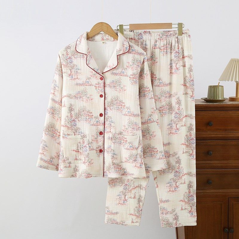 四层棉纱睡衣女士全棉纱布长袖长裤套装复古国风纯棉家居服中年,淘宝优惠券,粉丝福利购,淘宝优惠卷
