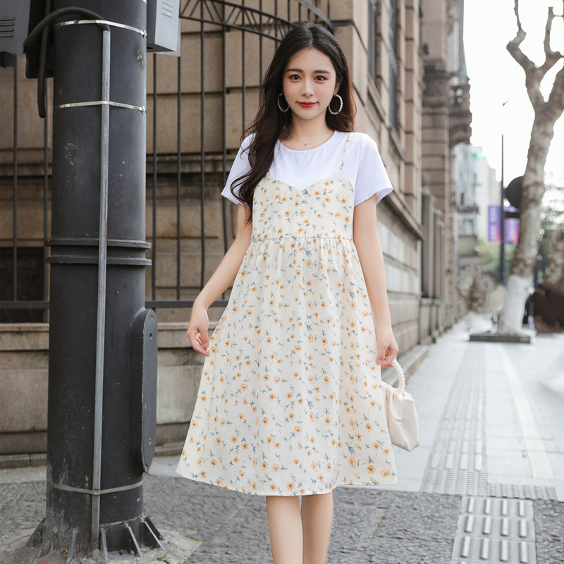 吊带裙孕妇夏装小个子雪纺碎花裙假两件套装连衣裙女纯棉大码裙子,淘宝优惠券,粉丝福利购,淘宝优惠卷