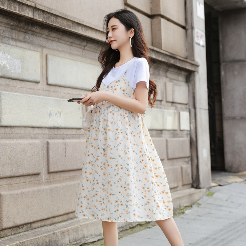 吊带裙孕妇夏装小个子雪纺碎花裙假两件套装连衣裙女纯棉大码裙子,淘宝优惠券,粉丝福利购,淘宝优惠卷