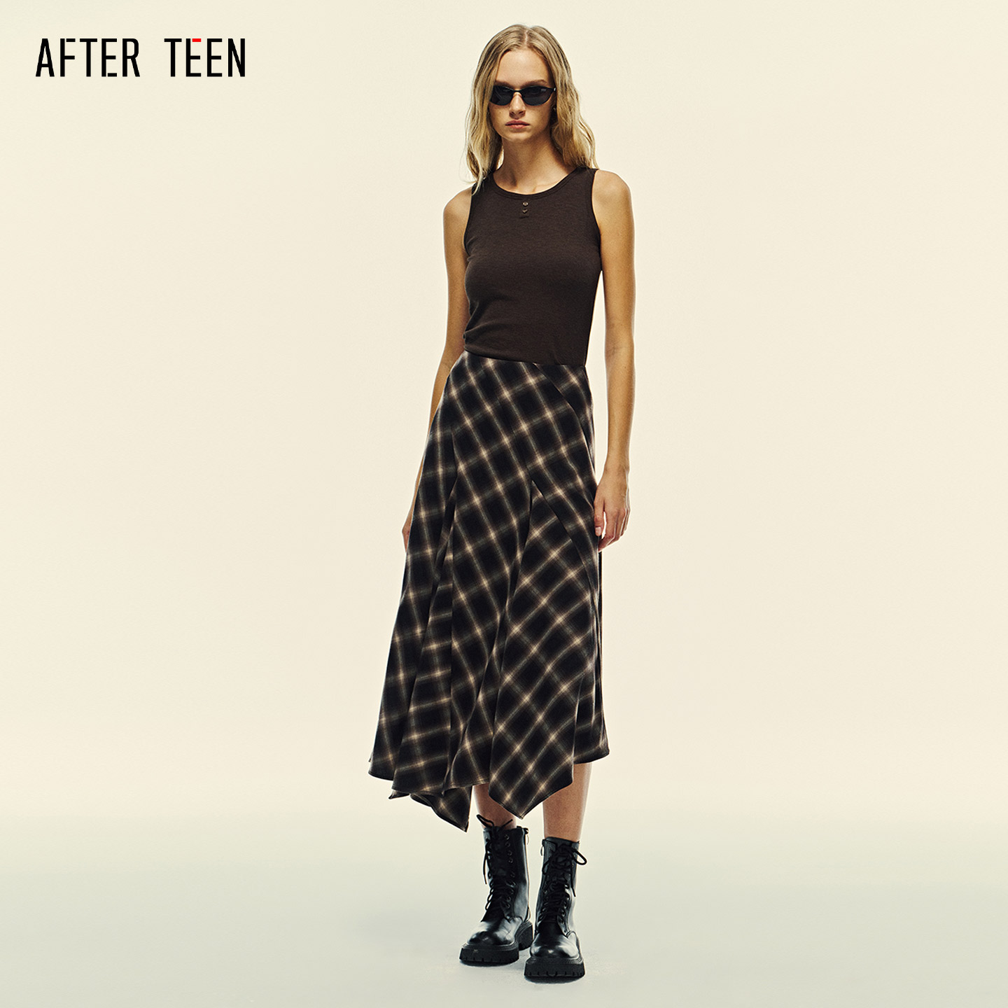 AFTER TEEN斜裁工艺 不对称裙边 双倍耗料 格纹阔摆格纹半身长裙 - 图1