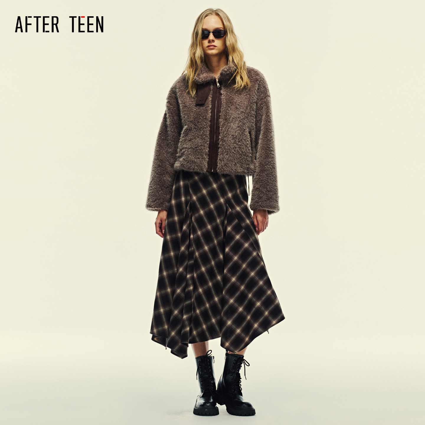 AFTER TEEN斜裁工艺 不对称裙边 双倍耗料 格纹阔摆格纹半身长裙 - 图2