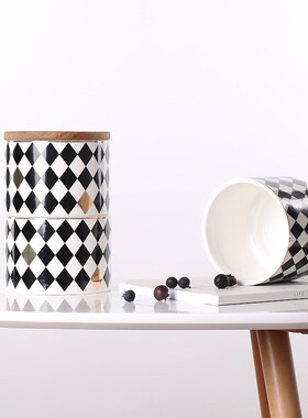 北欧现代简约几何图案收纳储物罐三层陶瓷密创意封罐软装饰品摆件