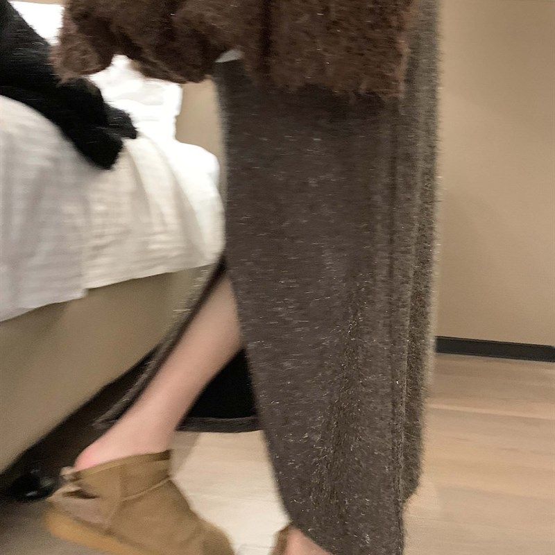 亮丝针织半身裙女冬季松紧腰加绒开叉过膝长裙修身显瘦洋气加厚裙,淘宝优惠券,粉丝福利购,淘宝优惠卷