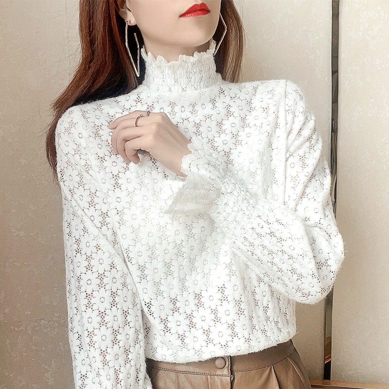 花边高领磨毛加绒蕾丝打底衫女秋冬洋气内搭加厚柔软喇叭袖上衣女,淘宝优惠券,粉丝福利购,淘宝优惠卷