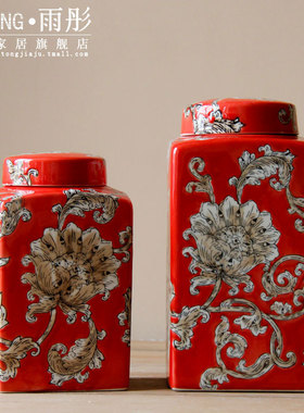 欧式复古仿古手绘陶瓷四方罐台面摆件储物罐陶罐瓶乡村家居装饰品