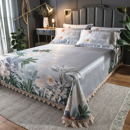 夏天冰丝凉席三件套床单可水洗机洗软席折叠蕾丝花边空调席子家用 - 图1