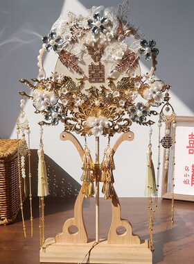 新娘团扇diy材料包结婚出嫁手捧花中式古风长柄汉服双面成品扇子