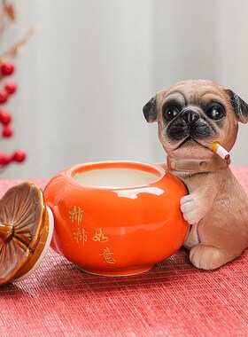 创意旺财狗柿柿如意烟灰缸摆件带盖防飞灰家用客厅高级感个性礼物