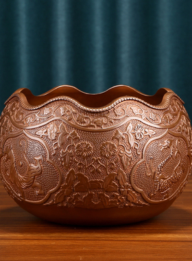 紫铜聚宝盆摆件荷叶鉢四神兽花纹入户玄关装饰品办公桌收纳储物罐