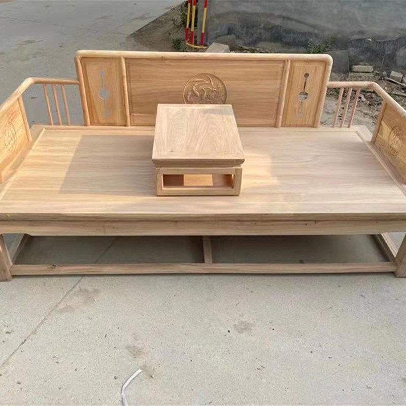 新中式罗汉d床白茬北榆木实木罗汉塌小户型家具休闲午睡沙发床简 - 图1