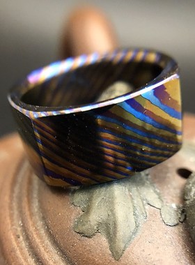 三色 钛马戒指 钛马士革花纹钢手工定制金属戒指指环潮简约男女