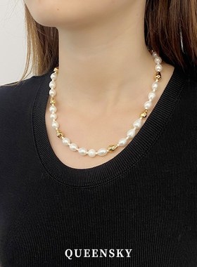 新中式轻奢风天然淡水珍珠项链金属拼接小众设计款高级感锁骨链女