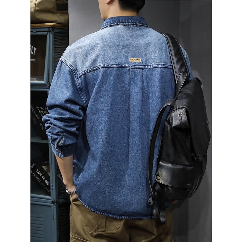 2025春季潮牌设计感拼接牛仔衬衫男美式水洗长袖衬衣宽松翻领外套,淘宝优惠券,粉丝福利购,淘宝优惠卷