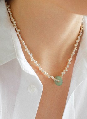 新中式天然错落珍珠东陵石圆圈项链颈链小众高级感精致百搭锁骨链