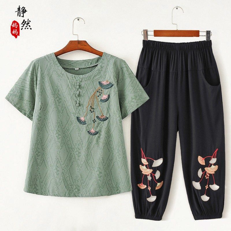 时尚中年妈妈春装套装绣花短袖棉麻T恤长裤两件套洋气中老年女装,淘宝优惠券,粉丝福利购,淘宝优惠卷